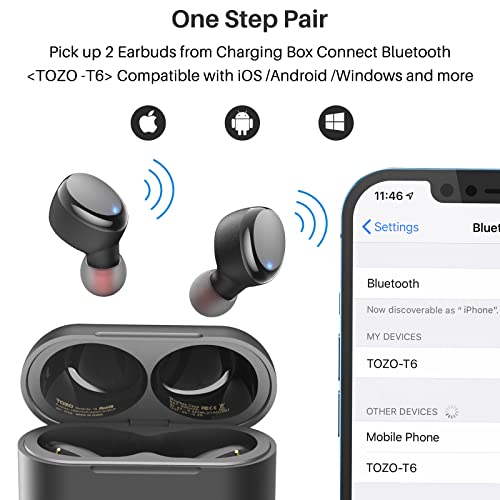 TOZO T6 (Classic Edition) True Wireless Earbuds Bluetooth 5.3 Headphones Touch Control with Wireless Charging Case IPX8 Waterproof Stereo Earphones in-Ear Built-in Mic Headset Premium Deep Bass Black