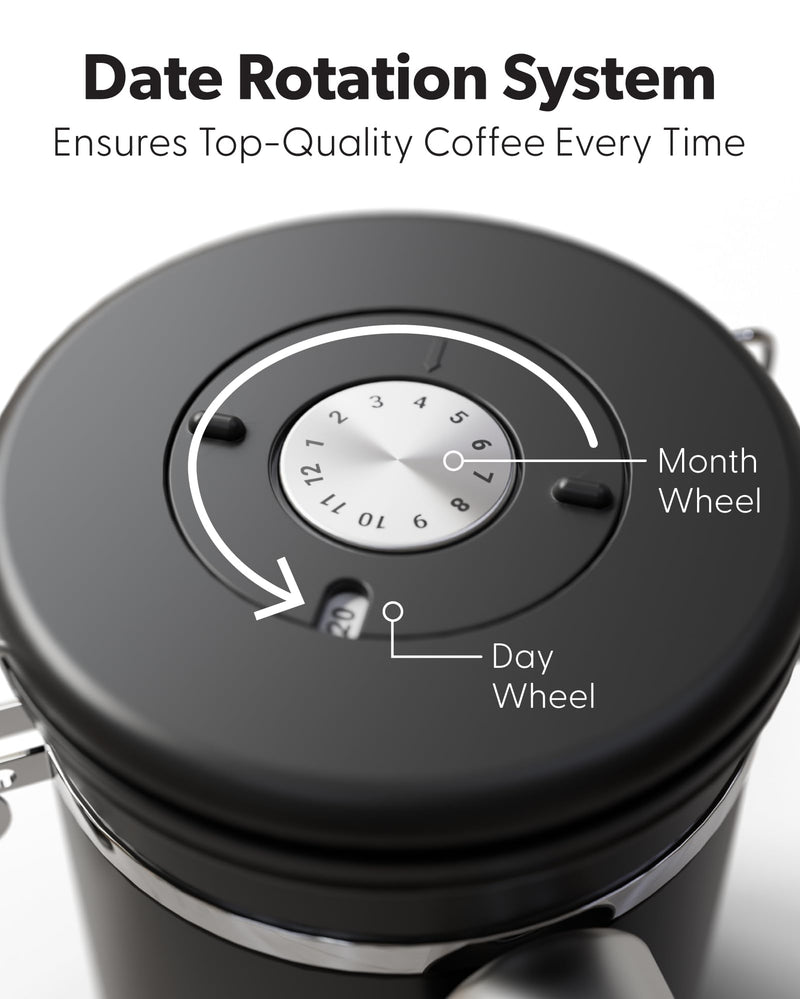 Veken Tea&Coffee Canister, Airtight Stainless Steel Kitchen Food Storage Container with Date Tracker and Scoop for Grounds Coffee, Beans, Flour, Cereal, Sugar, 22OZ, Black