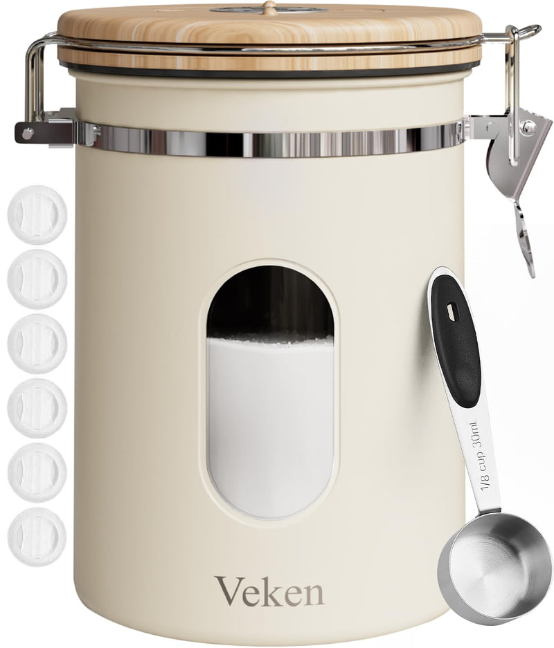 Veken Coffee Canister with Window for Sugar, Grounds Coffee, Beans, Tea, Flour, Cereal, Airtight Stainless Steel Kitchen Food Storage Container with Date Tracker and Scoop, 22OZ,Cream