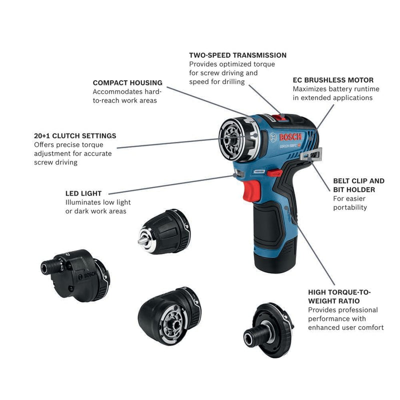 BOSCH GSR12V-300FCB22 12V Max EC Brushless Flexiclick 5-In-1 Drill/Driver System with (2) 2 Ah Batteries