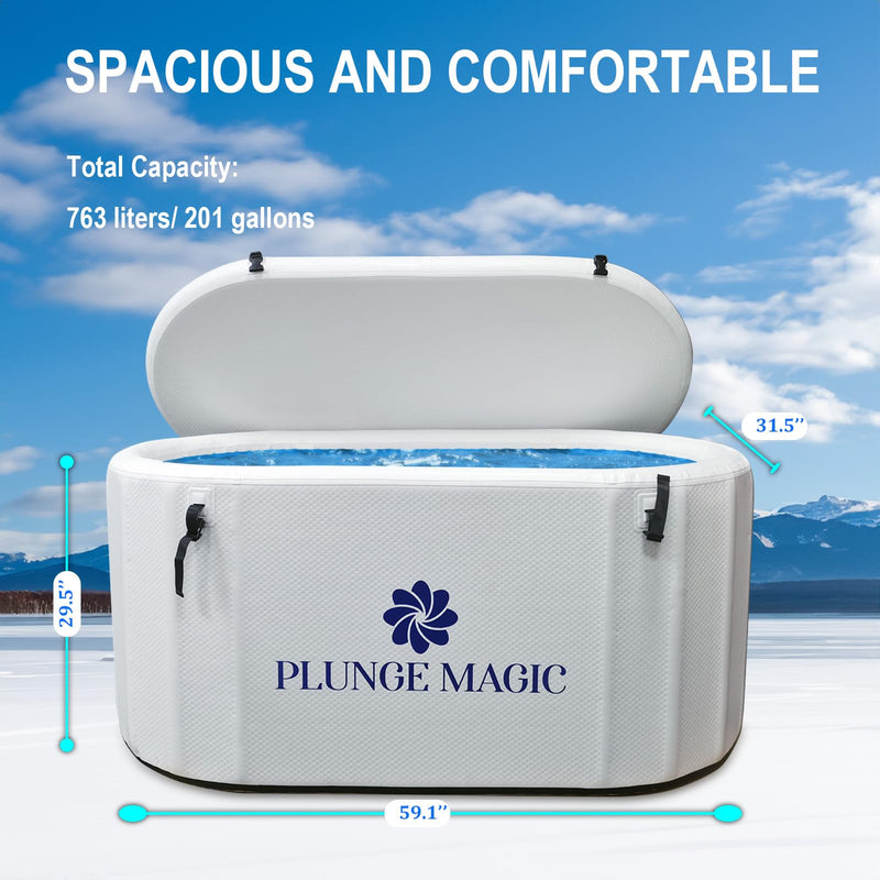 PLUNGE MAGIC Ultimate Cold Plunge Tub Inflatable Ice Bath Tub With Cover for Athletes Portable & XL Size, Water Chiller Compatible | 59" L x 32" W x 30" H (Elliptic Cylinder-White)