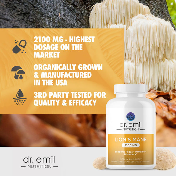 Organic Lions Mane Mushroom Supplement for Mental Clarity, Focus & Immune Support - Organic Brain Boosting Nootropic Lions Mane Mushroom Capsules with 100% Organic Lions Mane Extract, 60 Servings