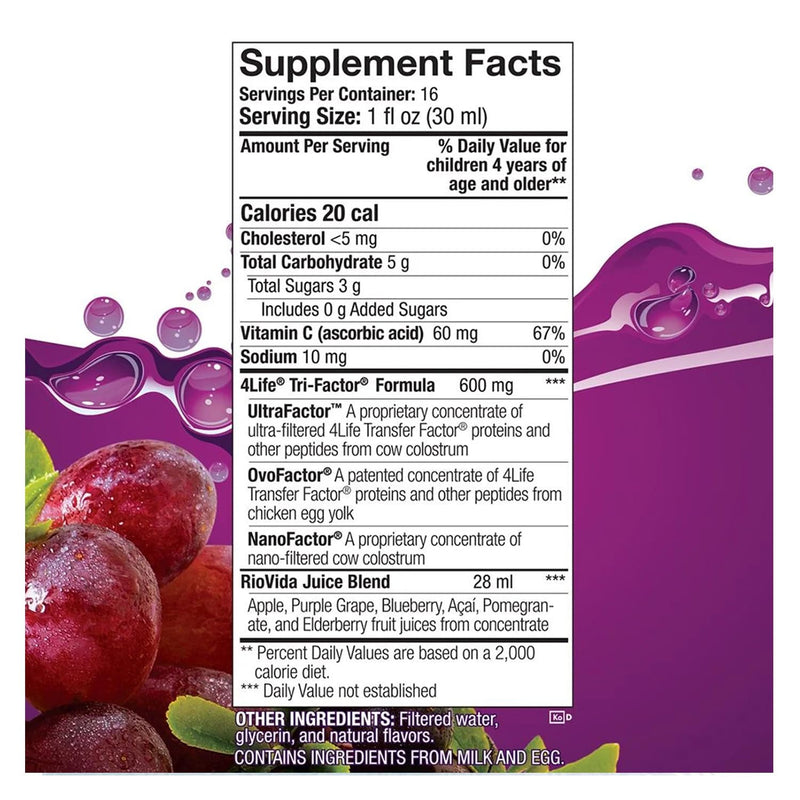 4Life Transfer Factor RioVida Tri-Factor Formula - Liquid Immune System and Antioxidant Support with Vitamin C, Elderberry, Blueberry, and Acai - Single Pack