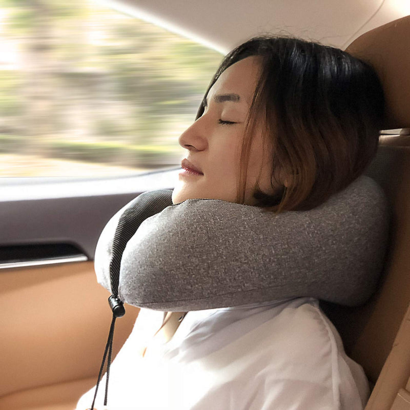 MLVOC Travel Pillow 100% Pure Memory Foam Neck Pillow, Comfortable & Breathable Cover - Machine Washable, Airplane Travel Kit with 3D Sleep Mask, Earplugs, and Luxury Bag, Grey