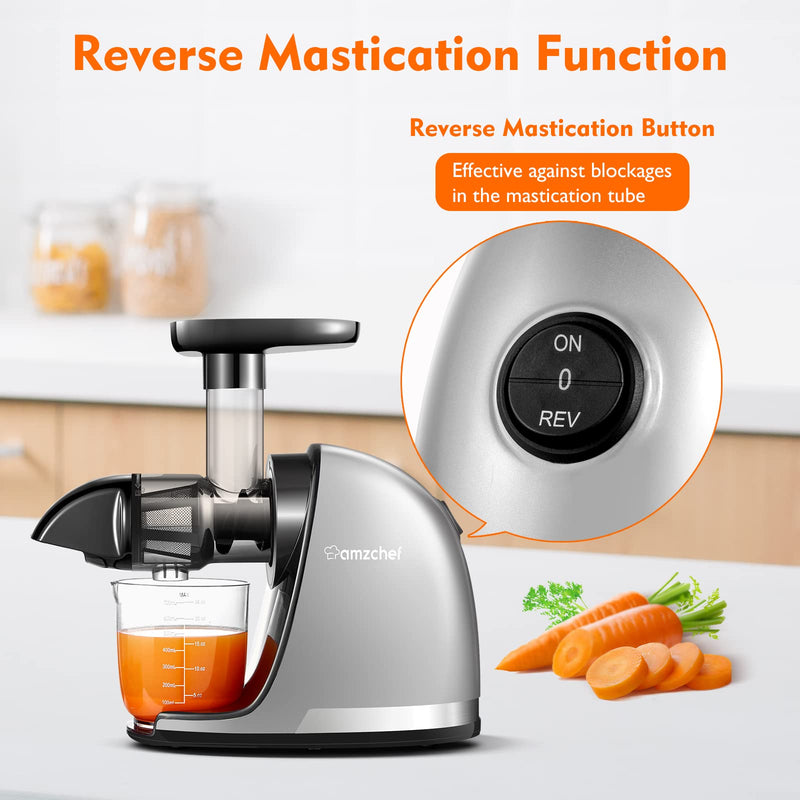 Masticating Juicer Machines, AMZCHEF Slow Cold Press Juicer with Reverse Function, High Juice Yield, Easy Clean with Brush,Recipes for High Nutrient Fruits and Vegetables, Gray(Updated)