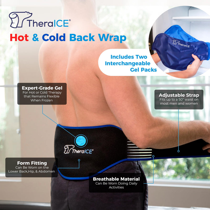 TheraICE Ice Pack Back Brace for Lower Back Pain, 2 Pack Lower Back Wrap Heating Pad Inserts, Hot or Cold Therapy Back Pain Relief Products for Lower Lumbar, Sciatic Nerve, Herniated Disc