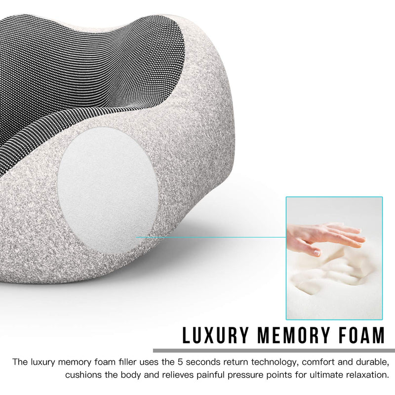 MLVOC Travel Pillow 100% Pure Memory Foam Neck Pillow, Comfortable & Breathable Cover - Machine Washable, Airplane Travel Kit with 3D Sleep Mask, Earplugs, and Luxury Bag, Grey