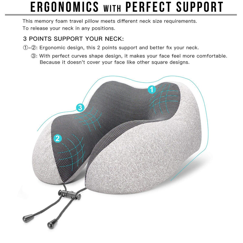 MLVOC Travel Pillow 100% Pure Memory Foam Neck Pillow, Comfortable & Breathable Cover - Machine Washable, Airplane Travel Kit with 3D Sleep Mask, Earplugs, and Luxury Bag, Grey