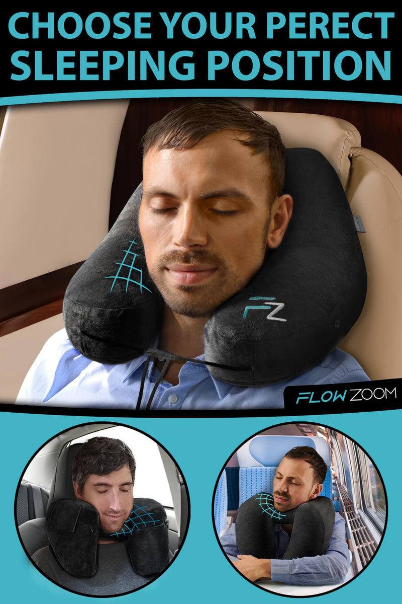 FLOWZOOM AIR Inflatable Travel Pillow - Hooded Neck Pillow Airplane - Travel Neck Pillow - Car & Plane Pillow - Airplane Pillow for Long Flight - Inflatable Neck Pillow for Traveling on Plane - Black