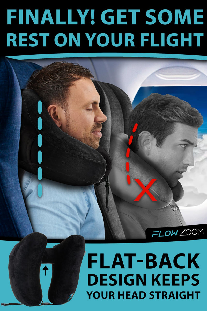 FLOWZOOM AIR Inflatable Travel Pillow - Hooded Neck Pillow Airplane - Travel Neck Pillow - Car & Plane Pillow - Airplane Pillow for Long Flight - Inflatable Neck Pillow for Traveling on Plane - Black