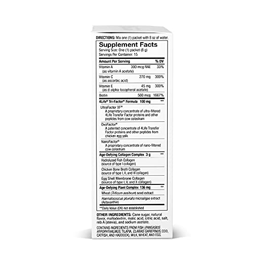 4Life Transfer Factor Collagen - Targeted Total Body Age-Defying Formula with Vitamins and 5 Types of Collagen - Dermatologist-Tested - Hair, Skin, and Nail Support - 15 Packets